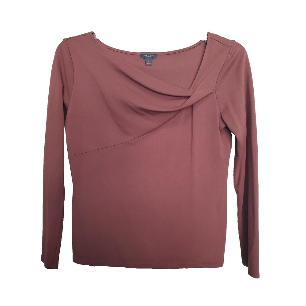 Ann Taylor Brown Jersey Knit Asymmetric Neckline Long Sleeve Top Size Medium